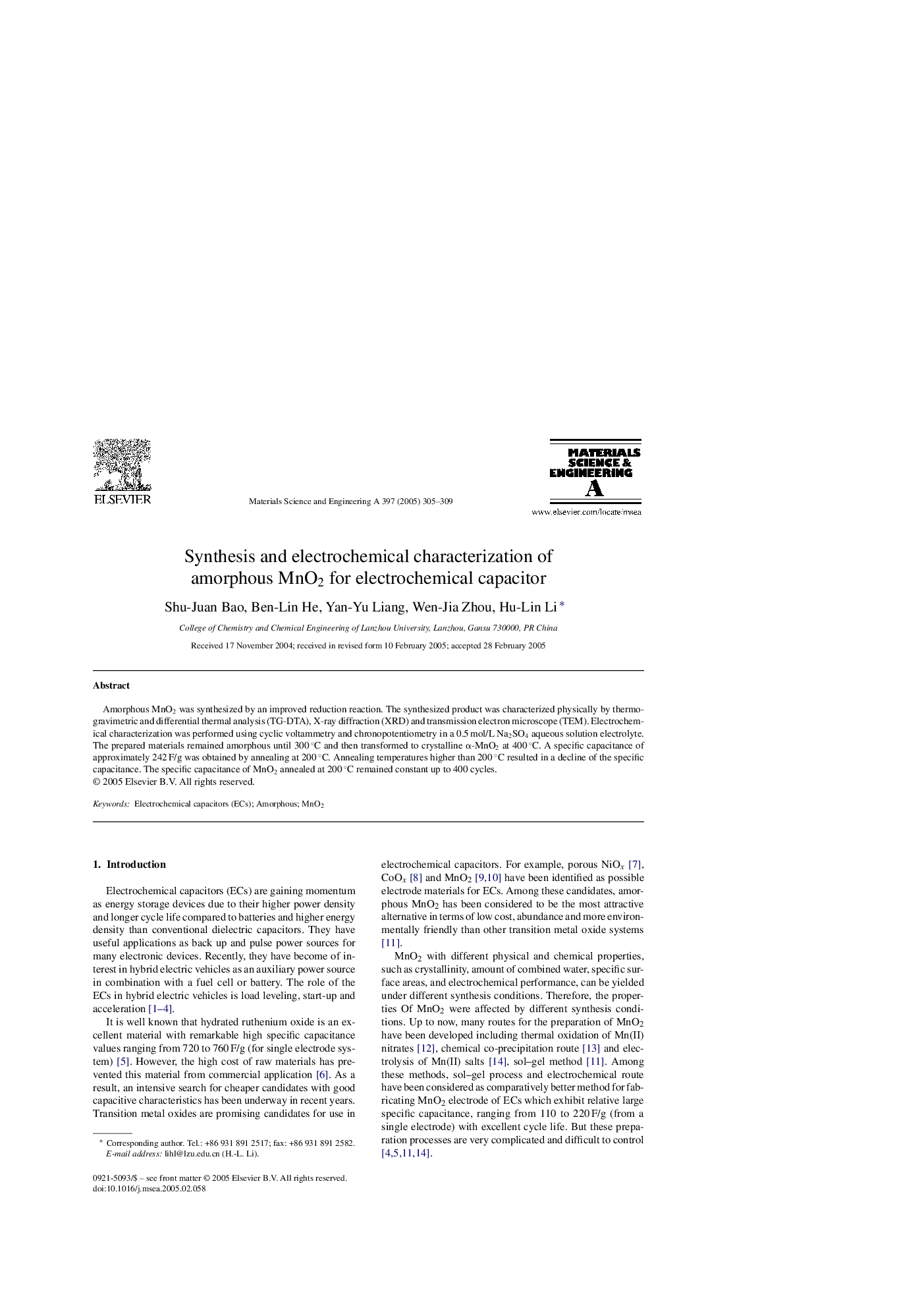 Synthesis and electrochemical characterization of amorphous MnO2 for electrochemical capacitor