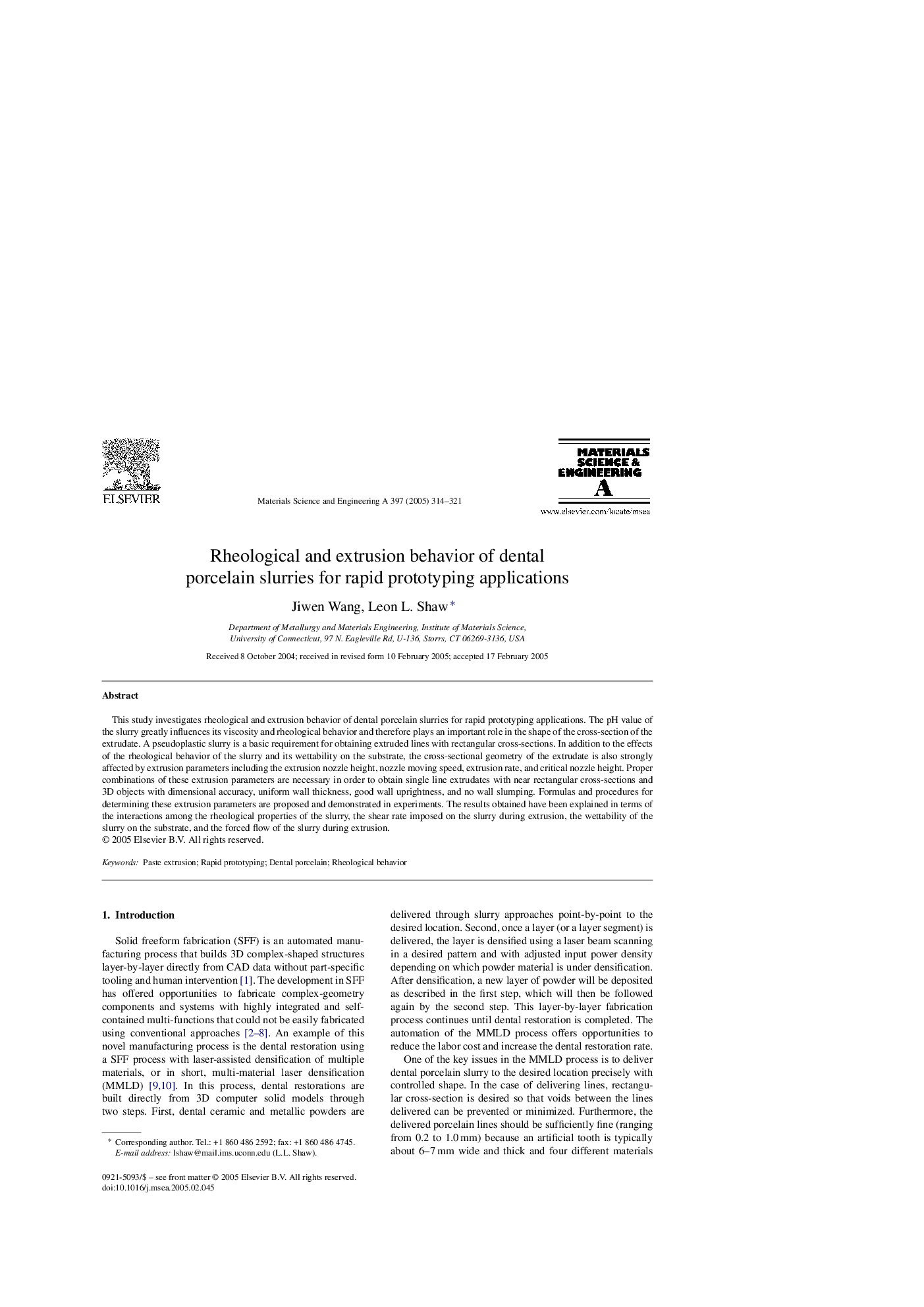 Rheological and extrusion behavior of dental porcelain slurries for rapid prototyping applications