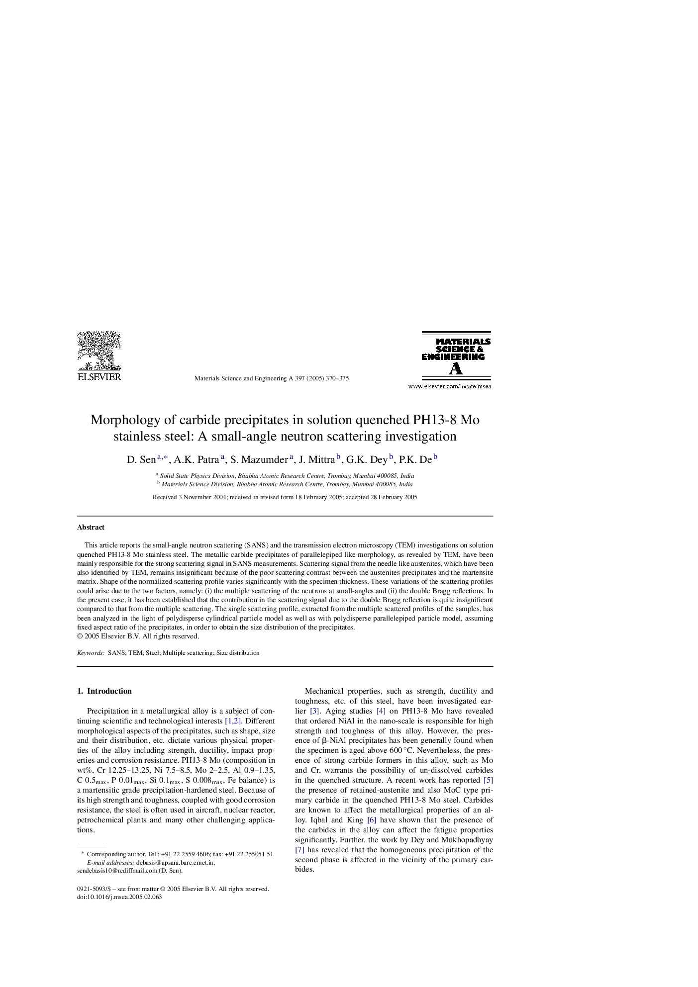 Morphology of carbide precipitates in solution quenched PH13-8 Mo stainless steel: A small-angle neutron scattering investigation