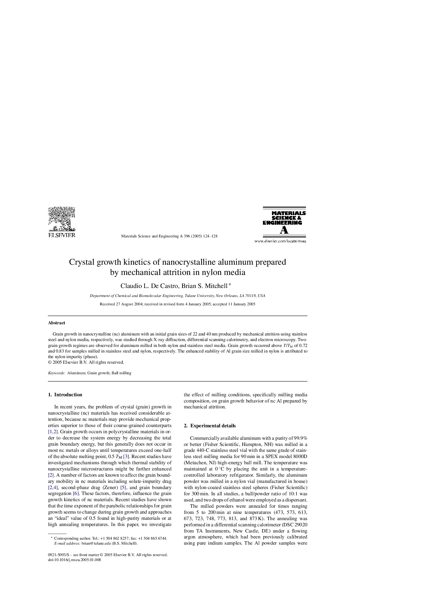 Crystal growth kinetics of nanocrystalline aluminum prepared by mechanical attrition in nylon media