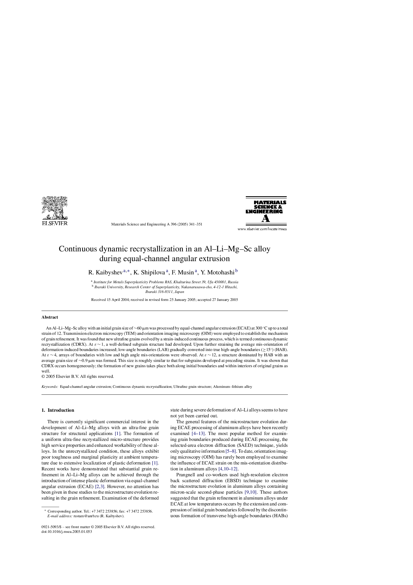 Continuous dynamic recrystallization in an Al-Li-Mg-Sc alloy during equal-channel angular extrusion