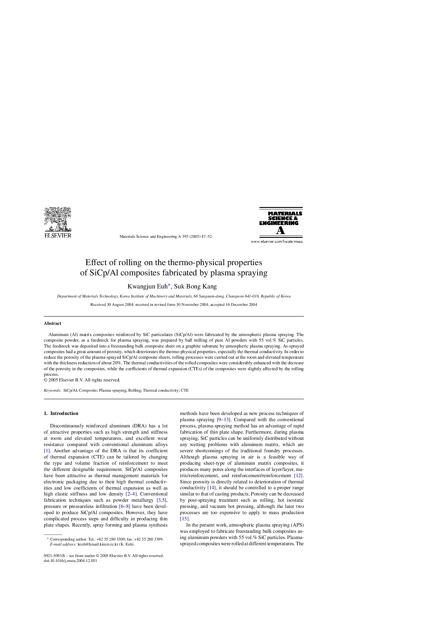 Effect of rolling on the thermo-physical properties of SiCp/Al composites fabricated by plasma spraying