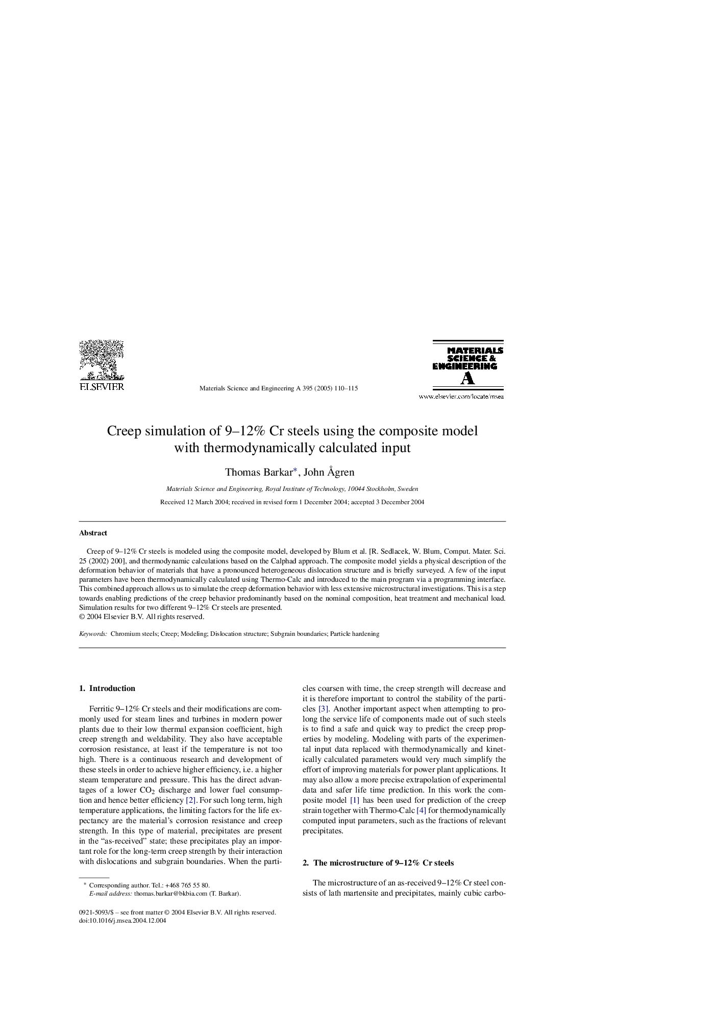 Creep simulation of 9-12% Cr steels using the composite model with thermodynamically calculated input