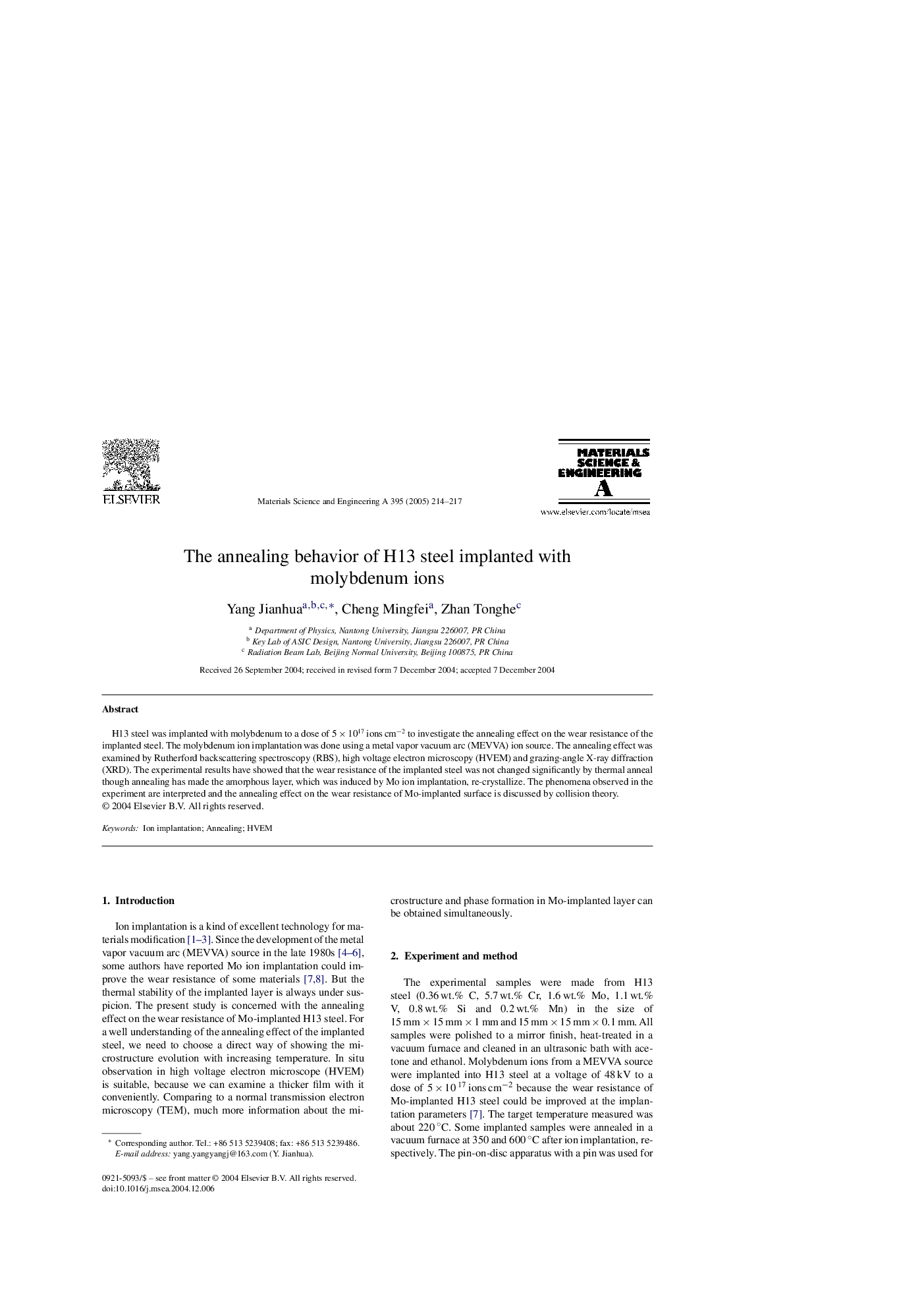 The annealing behavior of H13 steel implanted with molybdenum ions