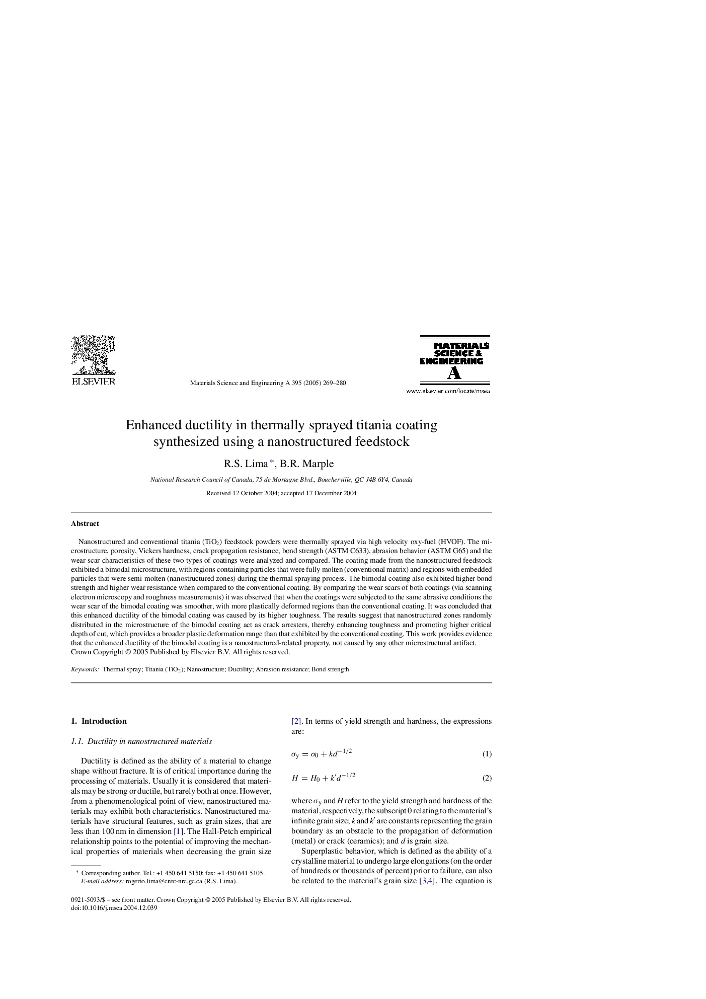 Enhanced ductility in thermally sprayed titania coating synthesized using a nanostructured feedstock