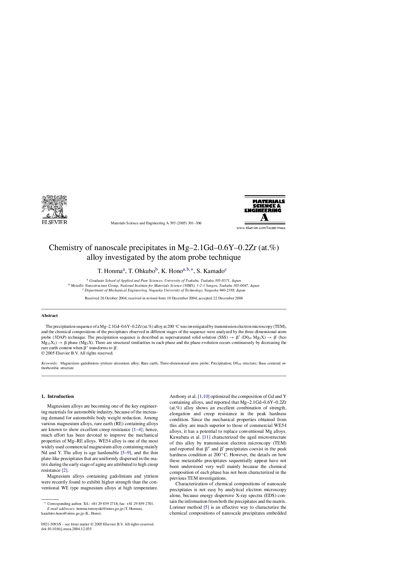Chemistry of nanoscale precipitates in Mg-2.1Gd-0.6Y-0.2Zr (at.%) alloy investigated by the atom probe technique