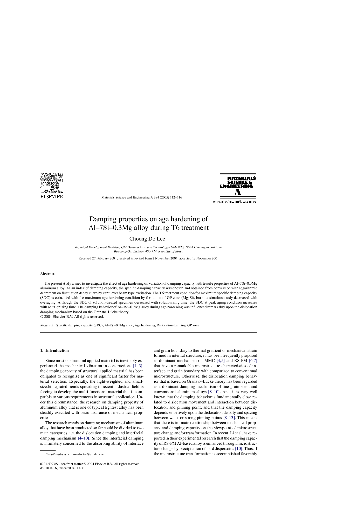 Damping properties on age hardening of Al-7Si-0.3Mg alloy during T6 treatment