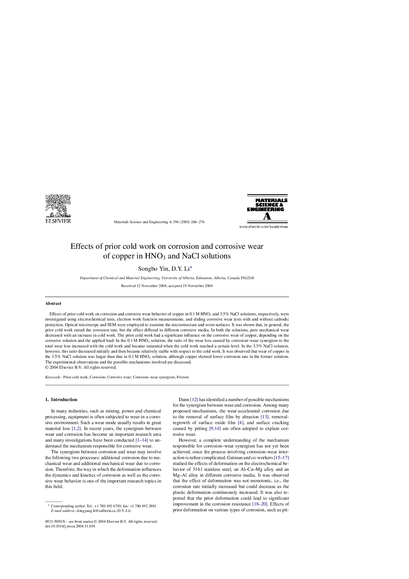 Effects of prior cold work on corrosion and corrosive wear of copper in HNO3 and NaCl solutions