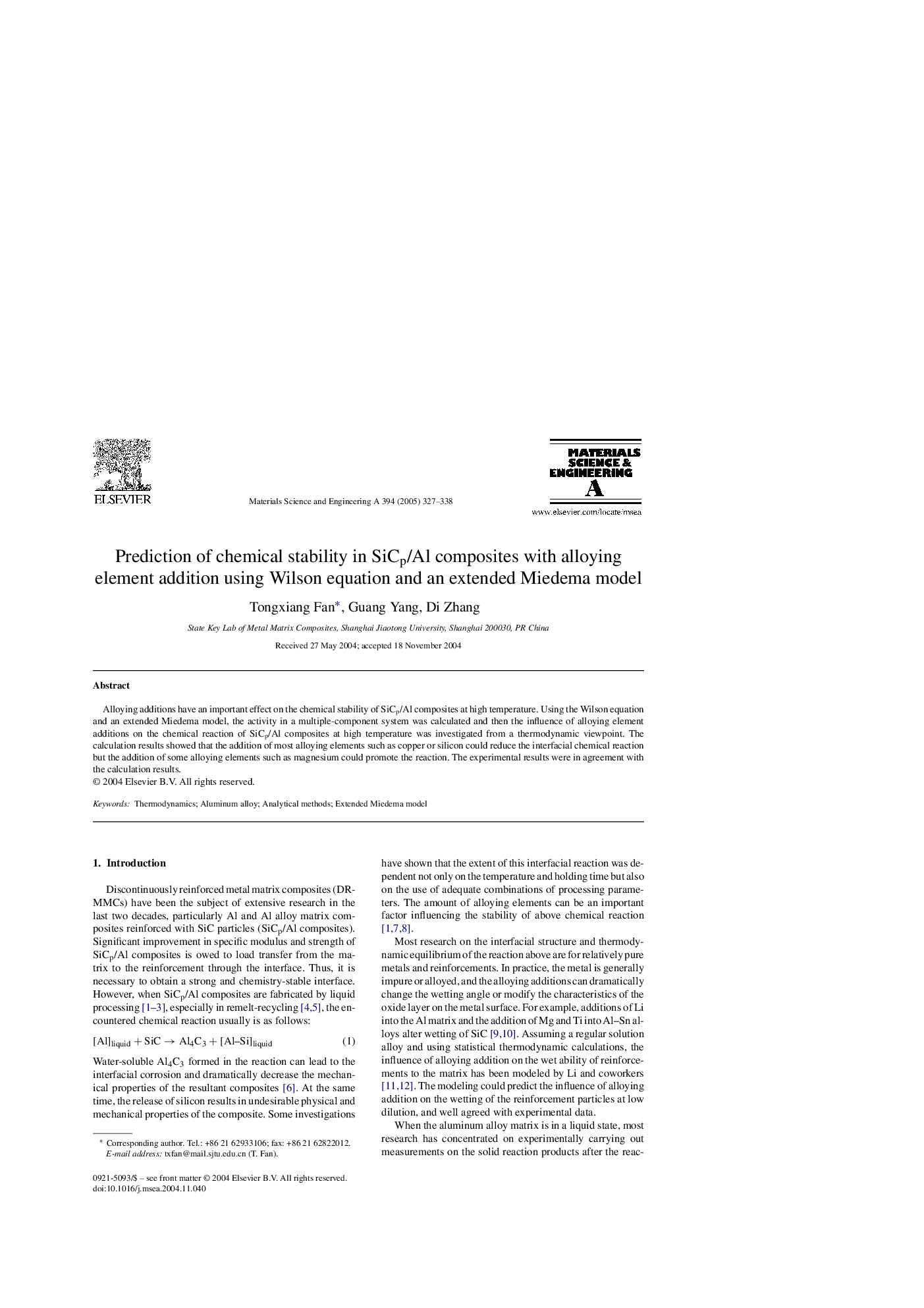 Prediction of chemical stability in SiCp/Al composites with alloying element addition using Wilson equation and an extended Miedema model