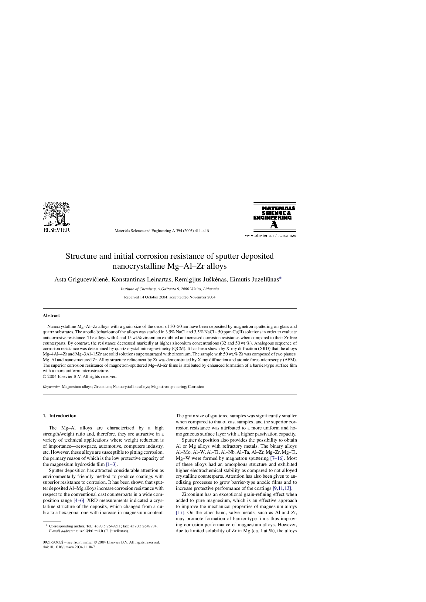 Structure and initial corrosion resistance of sputter deposited nanocrystalline Mg-Al-Zr alloys