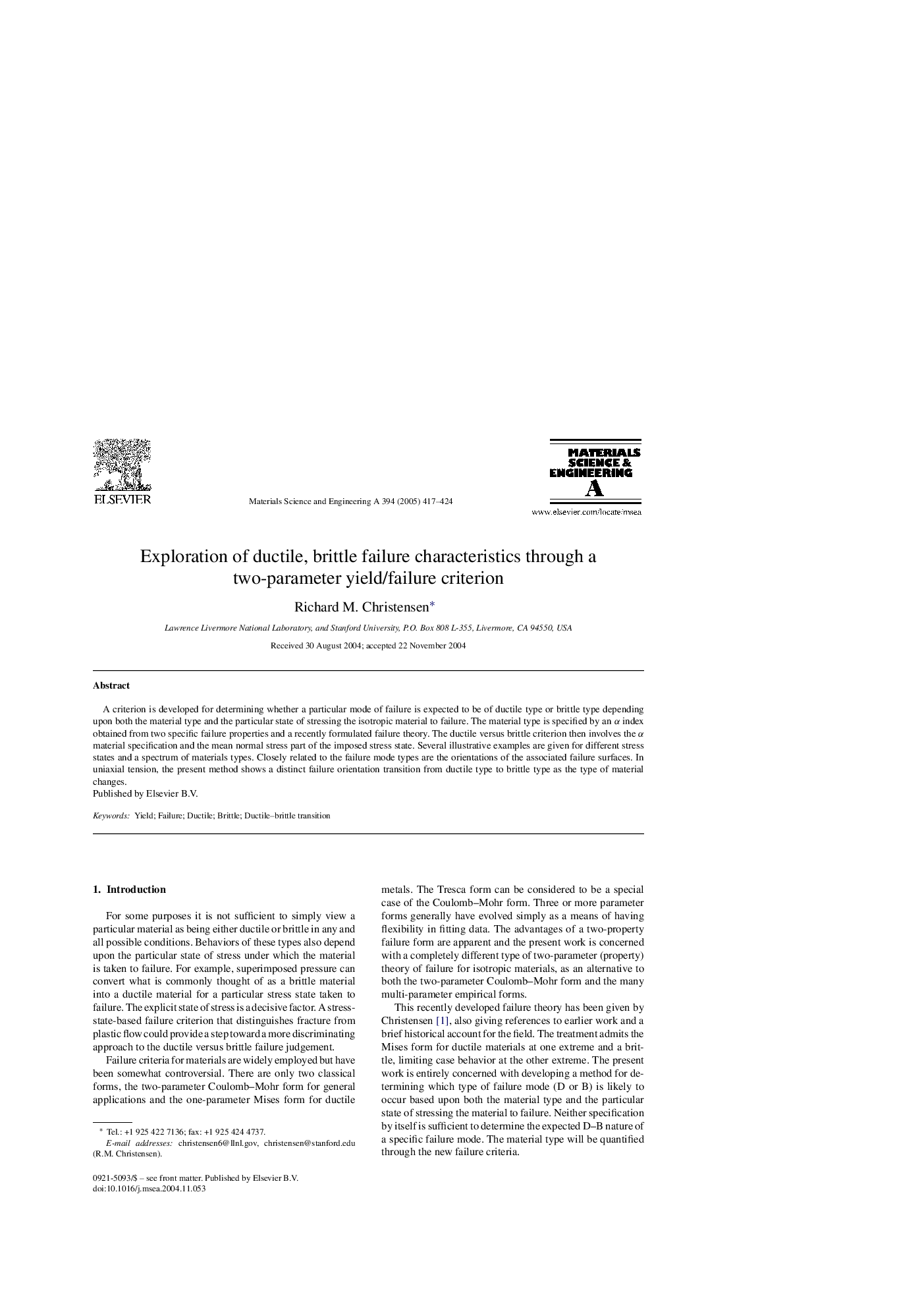 Exploration of ductile, brittle failure characteristics through a two-parameter yield/failure criterion