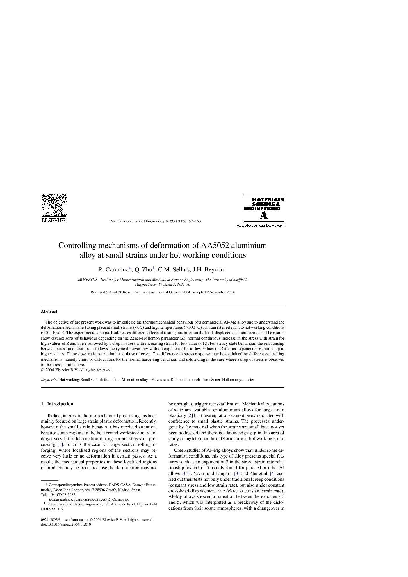 Controlling mechanisms of deformation of AA5052 aluminium alloy at small strains under hot working conditions