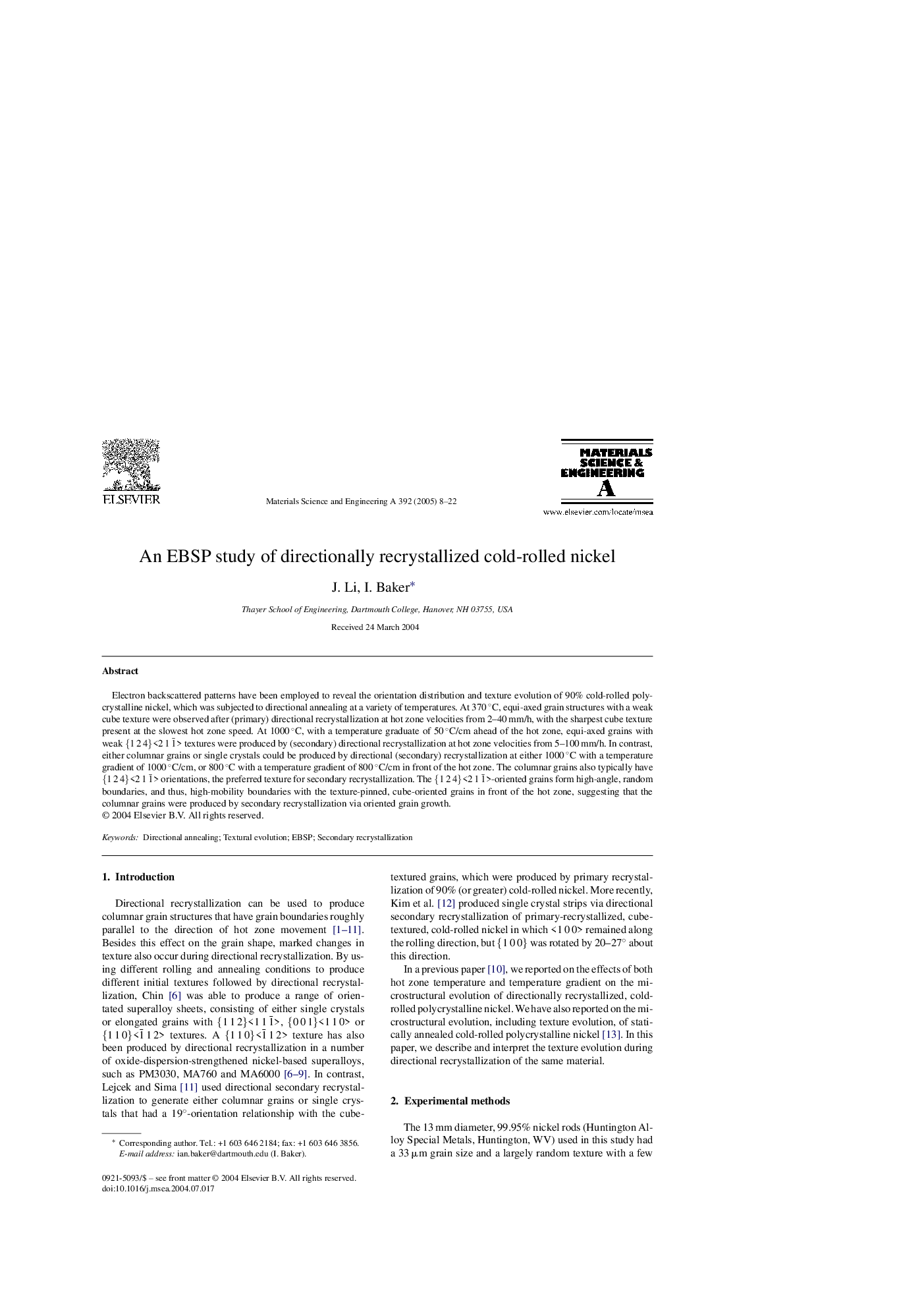 An EBSP study of directionally recrystallized cold-rolled nickel