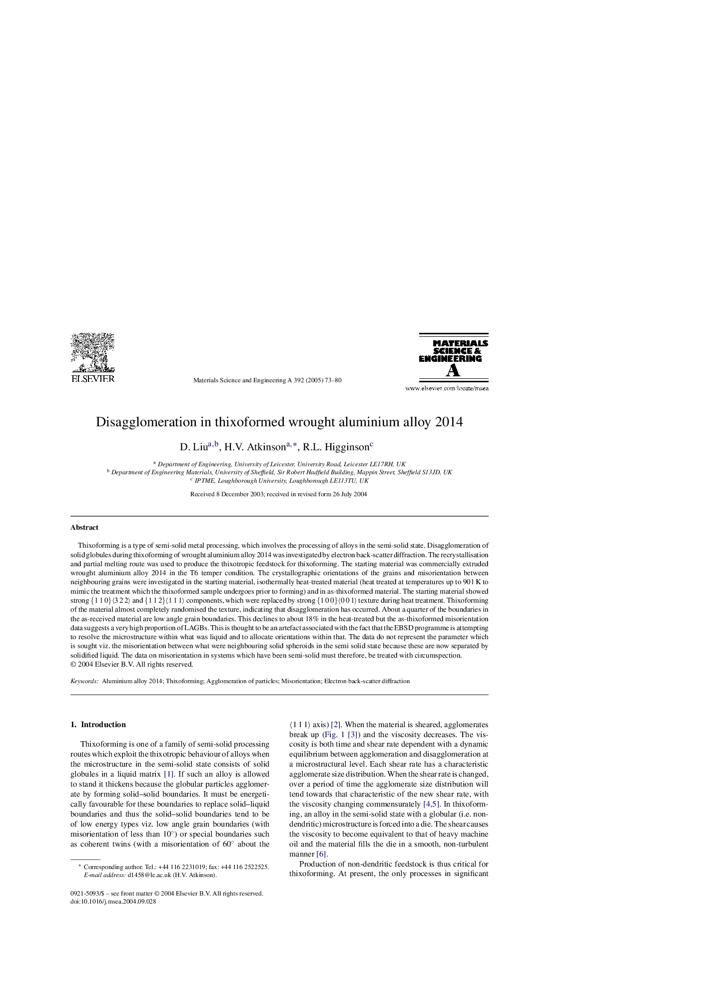 Disagglomeration in thixoformed wrought aluminium alloy 2014