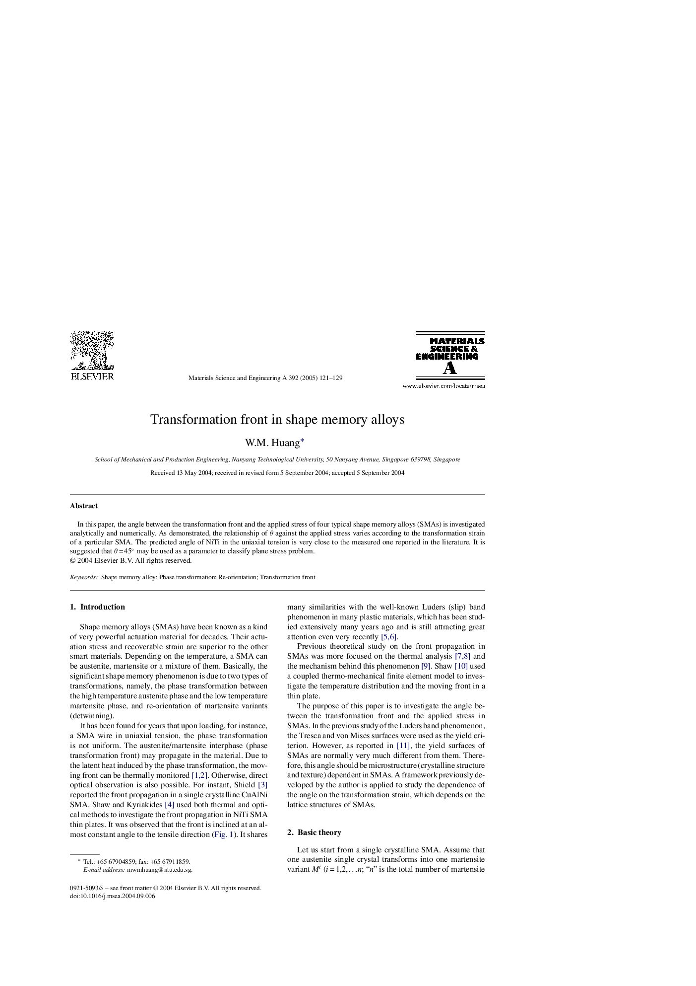 Transformation front in shape memory alloys