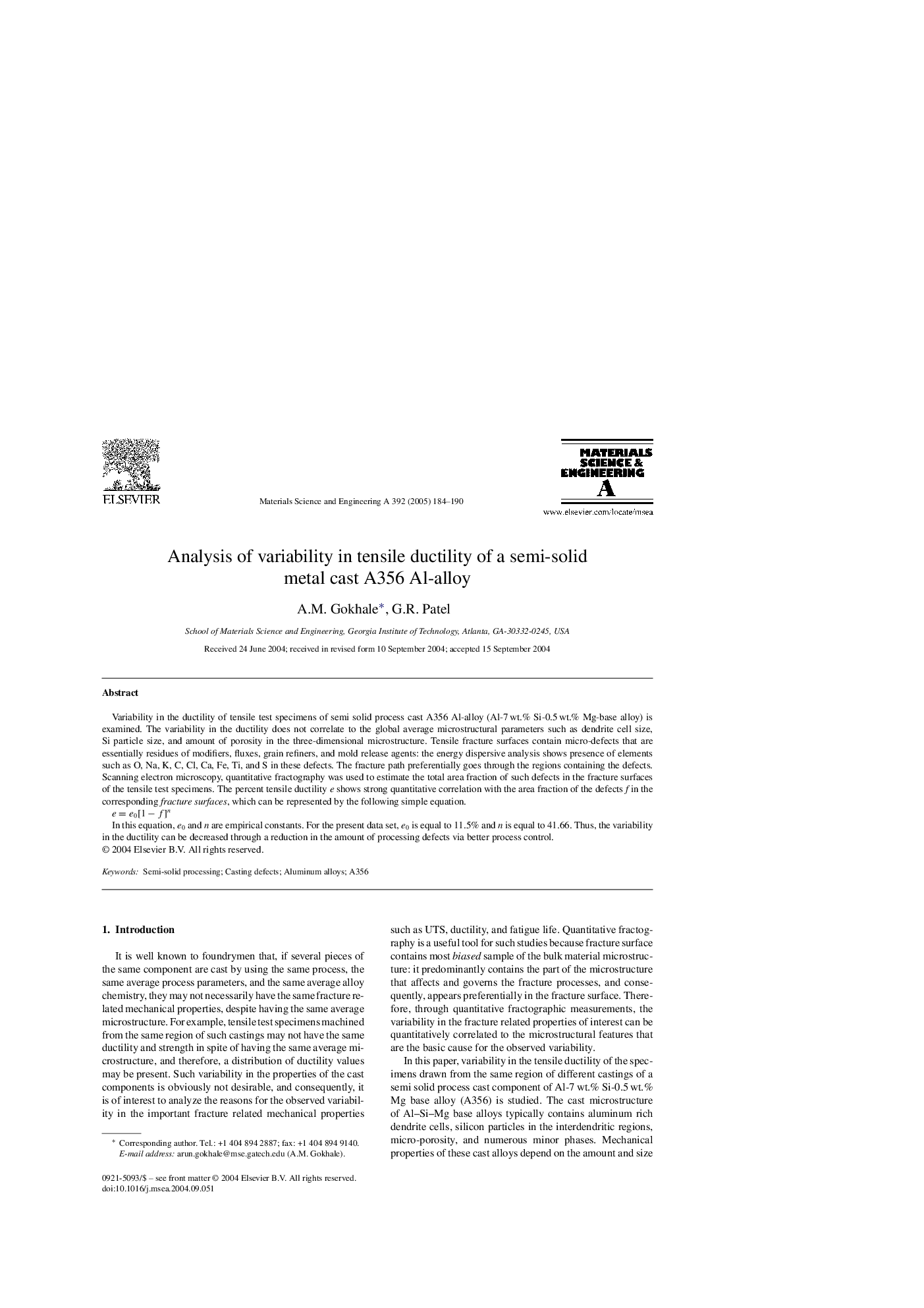 Analysis of variability in tensile ductility of a semi-solid metal cast A356 Al-alloy