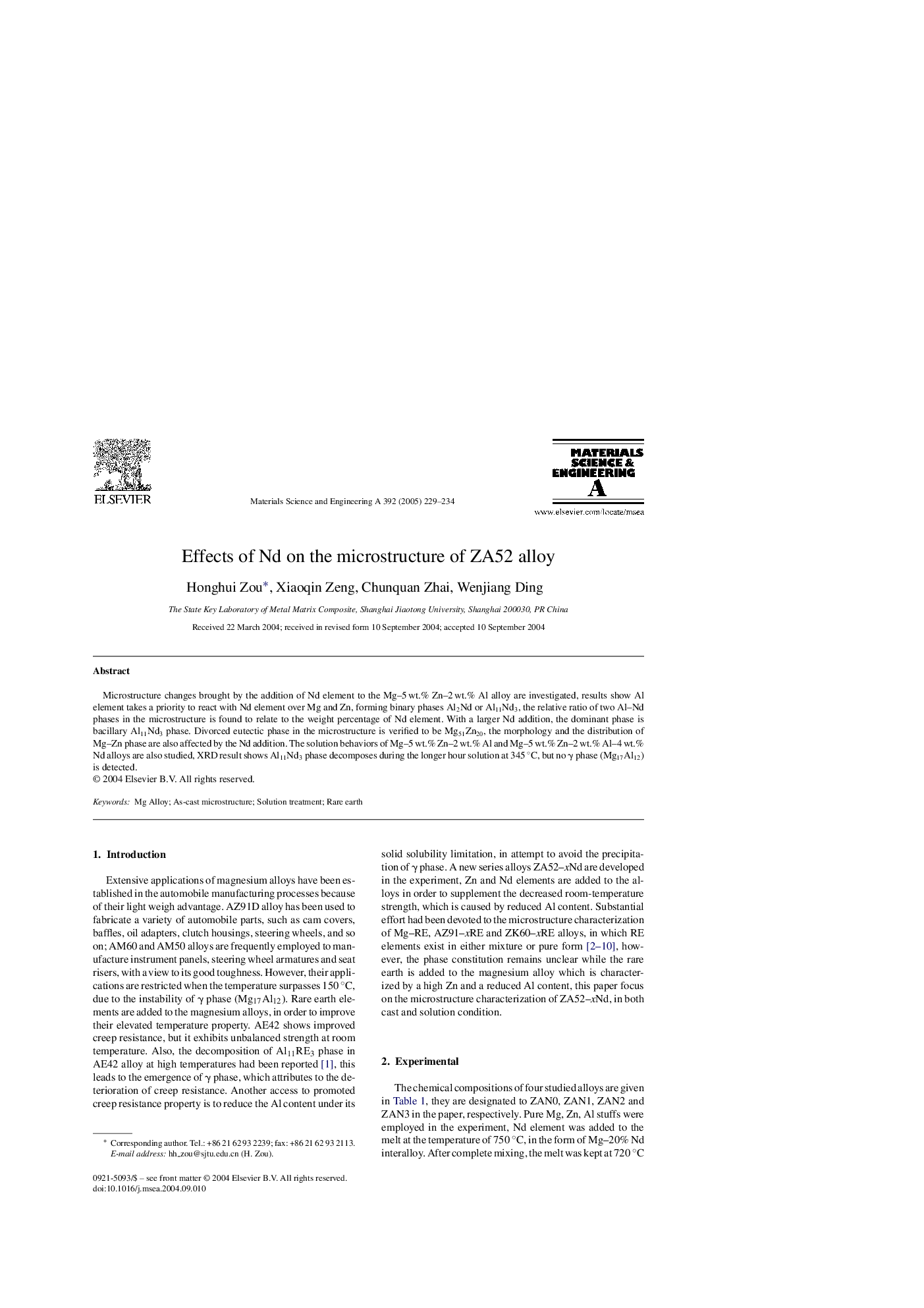 Effects of Nd on the microstructure of ZA52 alloy