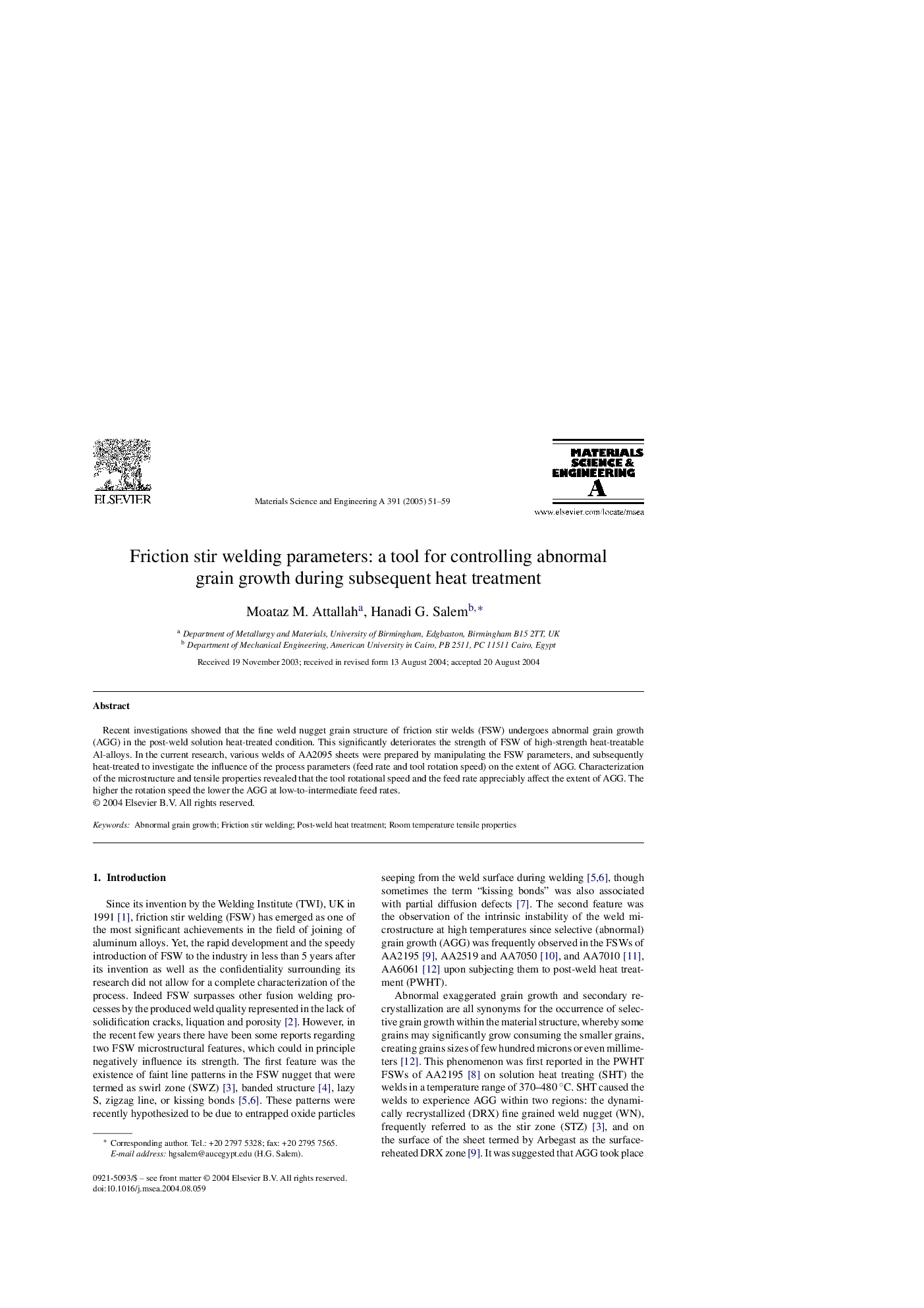 Friction stir welding parameters: a tool for controlling abnormal grain growth during subsequent heat treatment