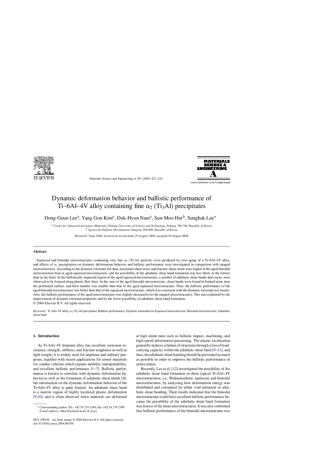 Dynamic deformation behavior and ballistic performance of Ti-6Al-4V alloy containing fine Î±2 (Ti3Al) precipitates