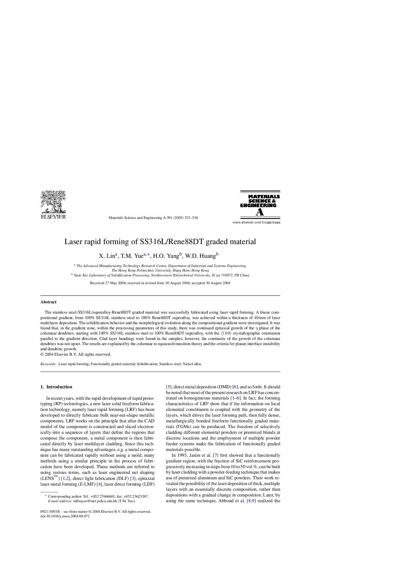 Laser rapid forming of SS316L/Rene88DT graded material