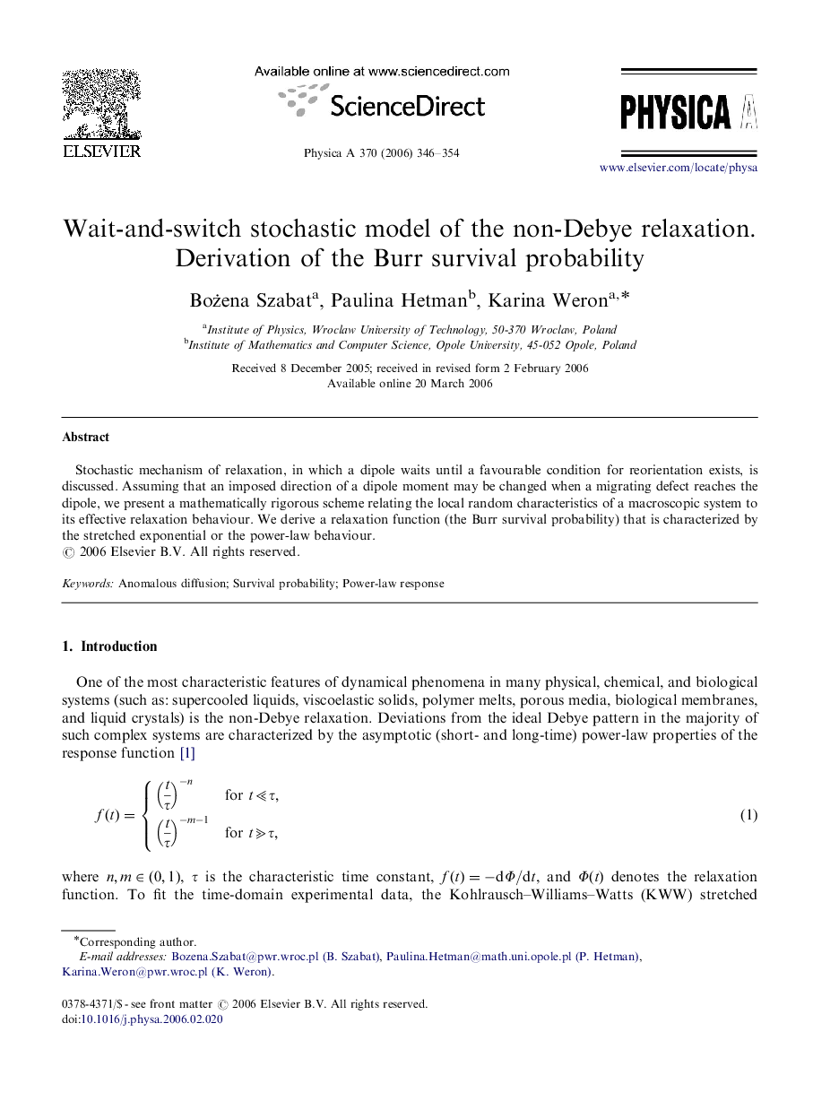 Wait-and-switch stochastic model of the non-Debye relaxation. Derivation of the Burr survival probability