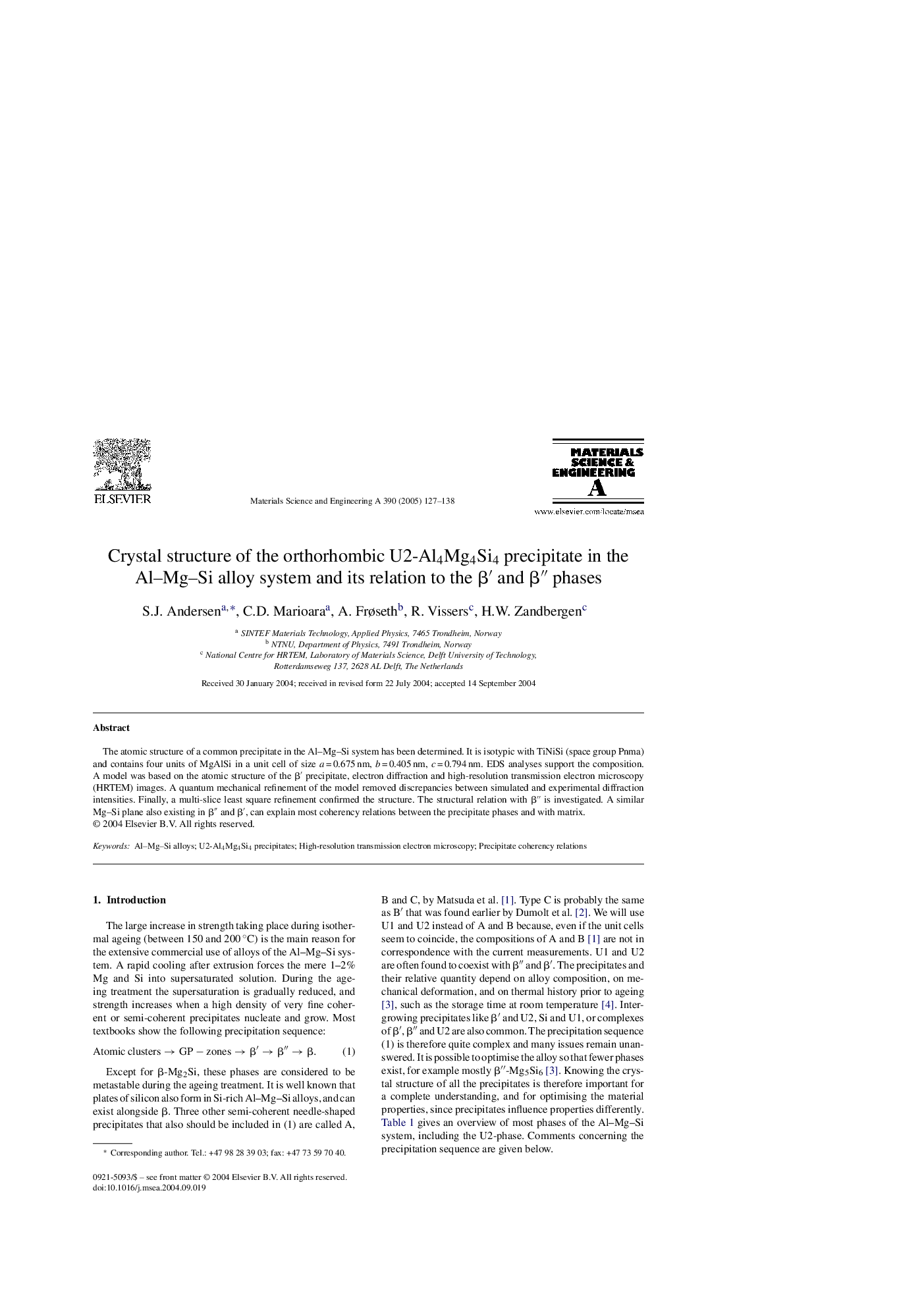 Crystal structure of the orthorhombic U2-Al4Mg4Si4 precipitate in the Al-Mg-Si alloy system and its relation to the Î²â² and Î²â³ phases