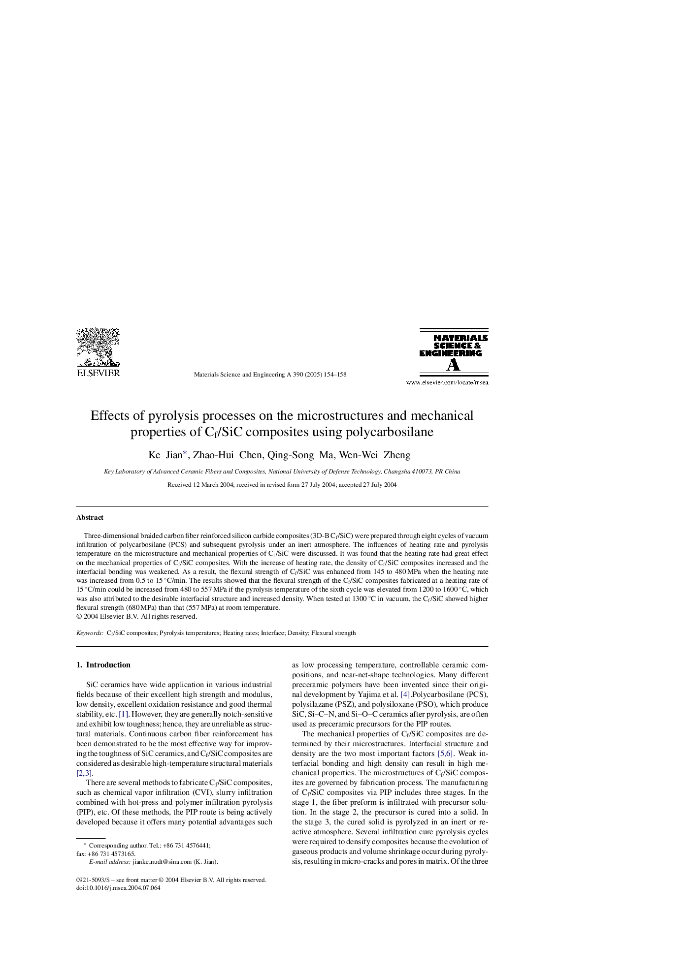 Effects of pyrolysis processes on the microstructures and mechanical properties of Cf/SiC composites using polycarbosilane