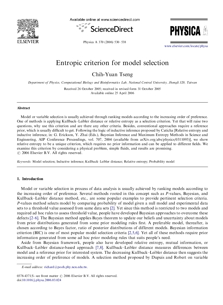 Entropic criterion for model selection