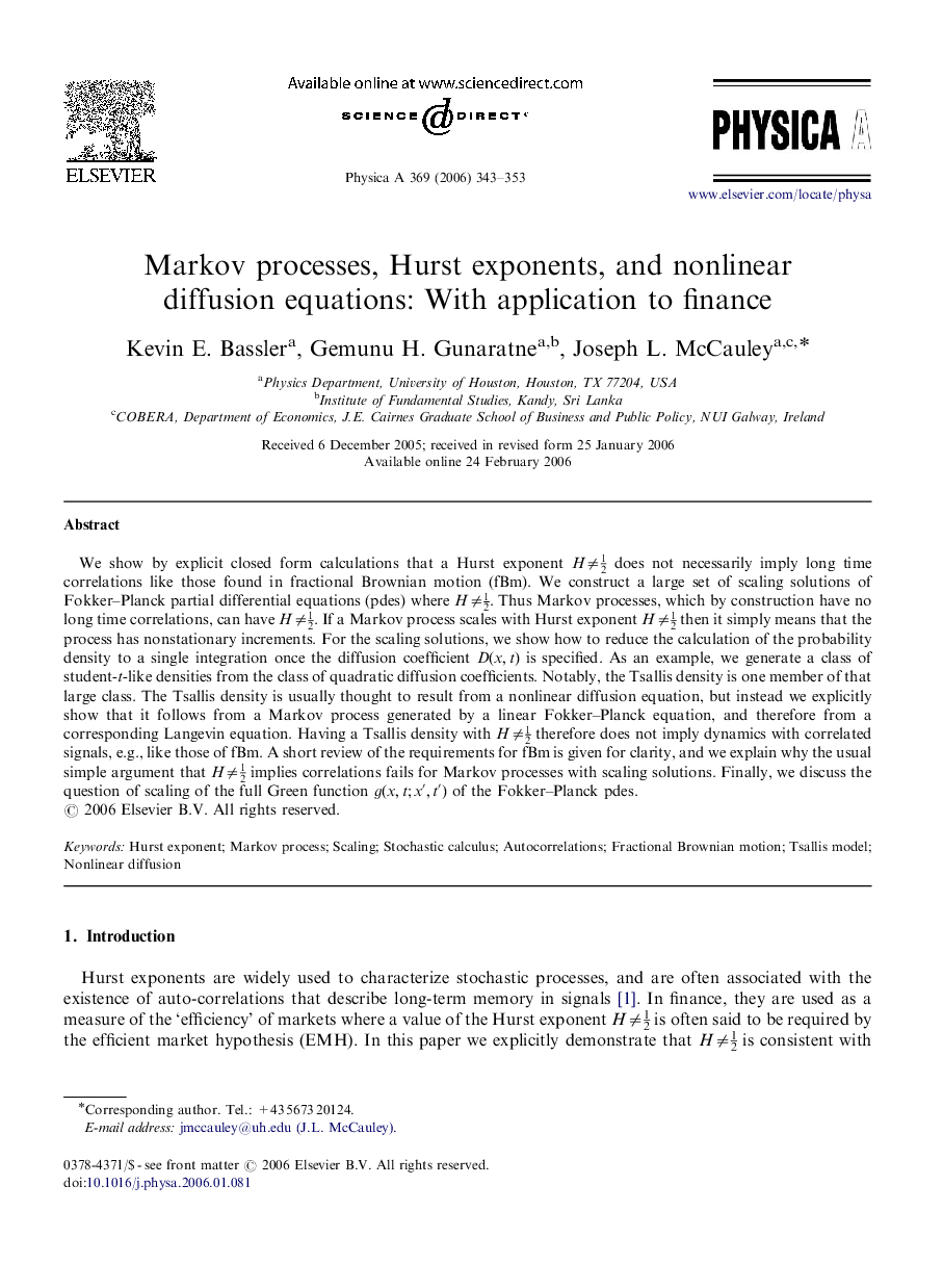 Markov processes, Hurst exponents, and nonlinear diffusion equations: With application to finance