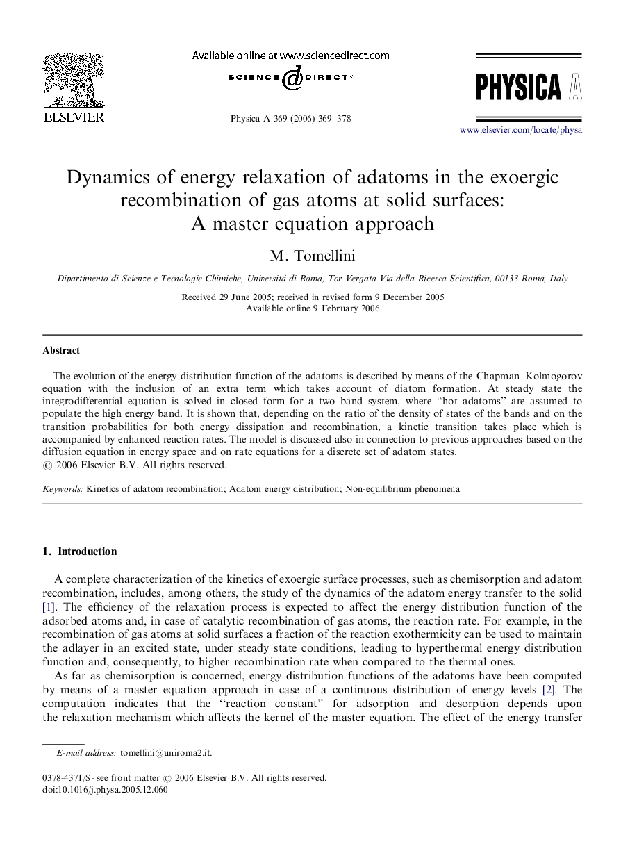 Dynamics of energy relaxation of adatoms in the exoergic recombination of gas atoms at solid surfaces: A master equation approach