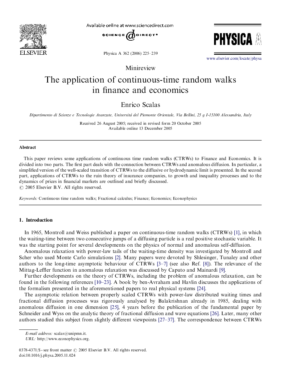 The application of continuous-time random walks in finance and economics