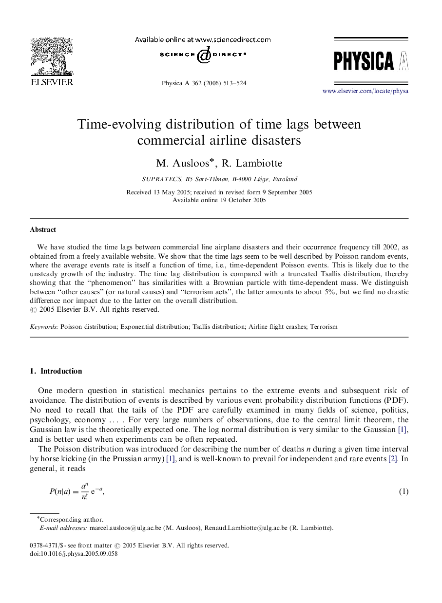 Time-evolving distribution of time lags between commercial airline disasters