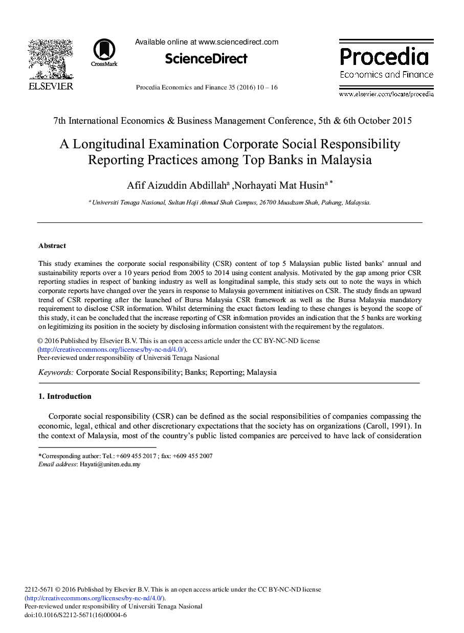 یک بررسی طولی مسئولیت اجتماعی مسئولیت گزارشگری در میان بانک های برتر در مالزی ☆