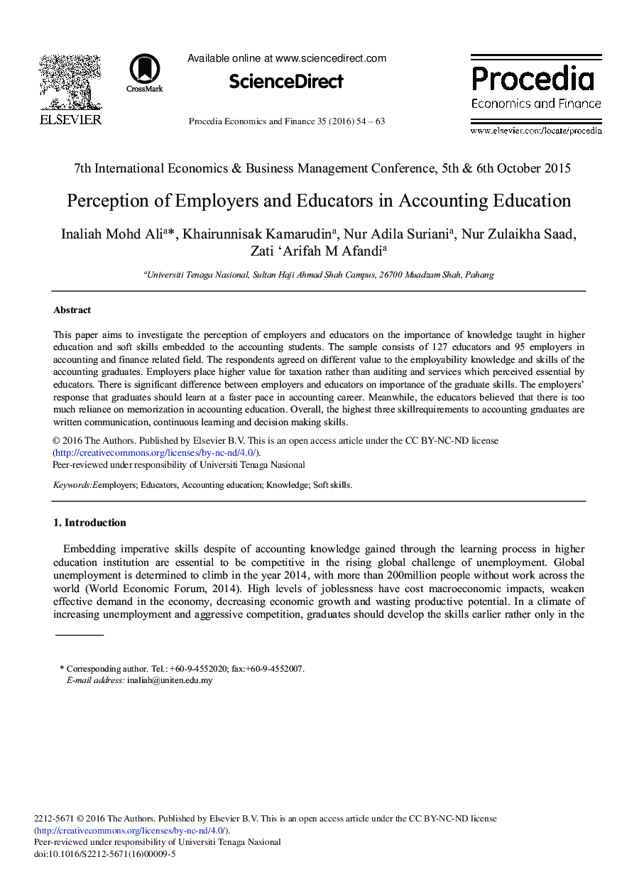 Perception of Employers and Educators in Accounting Education 