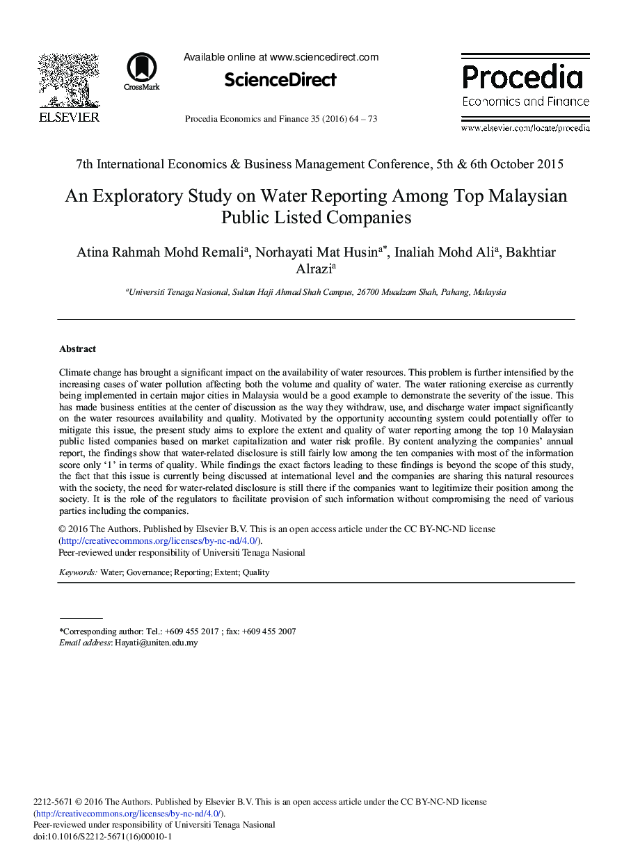 An Exploratory Study on Water Reporting among Top Malaysian Public Listed Companies 