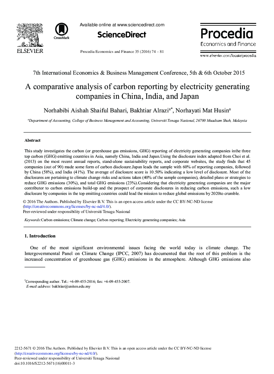 A Comparative Analysis of Carbon Reporting by Electricity Generating Companies in China, India, and Japan 