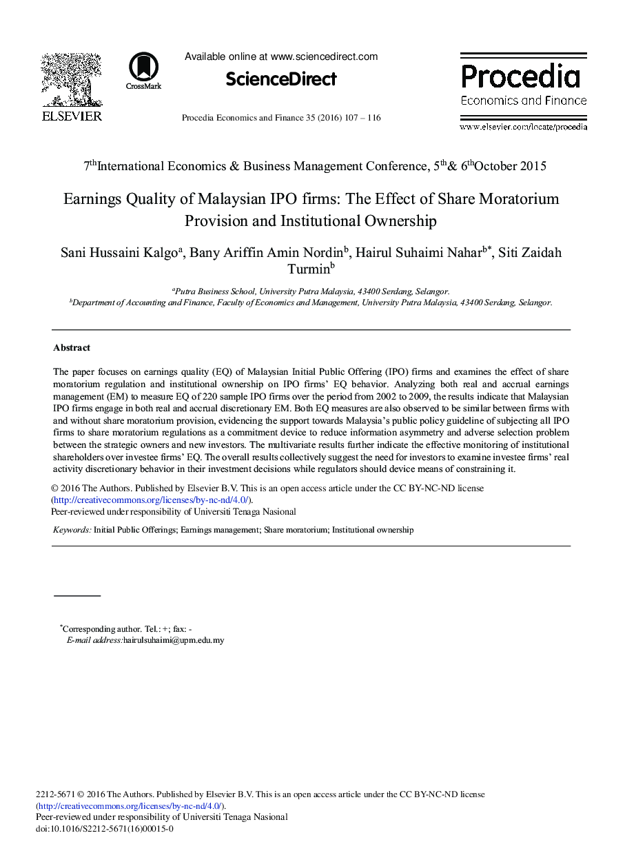 Earnings Quality of Malaysian IPO firms: The Effect of Share Moratorium Provision and Institutional Ownership 