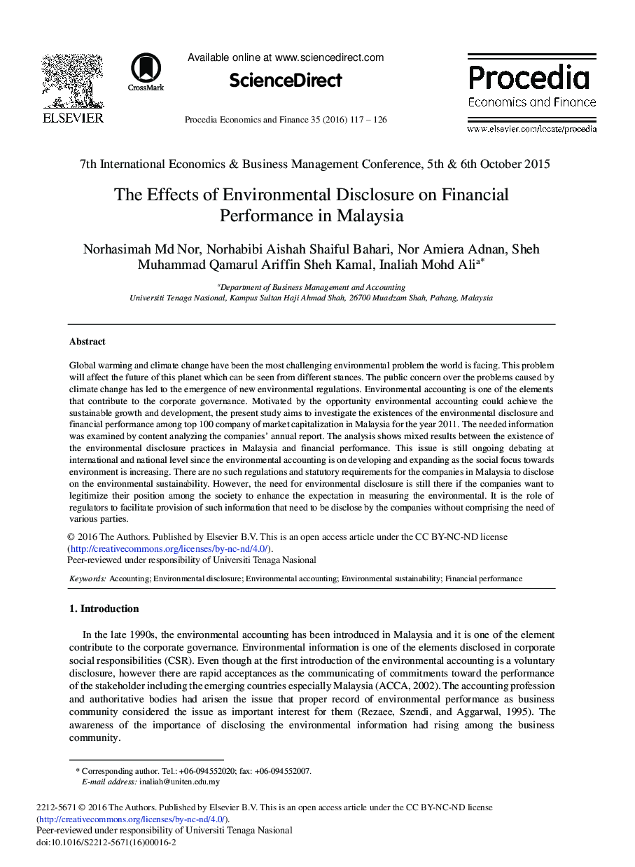 The Effects of Environmental Disclosure on Financial Performance in Malaysia 