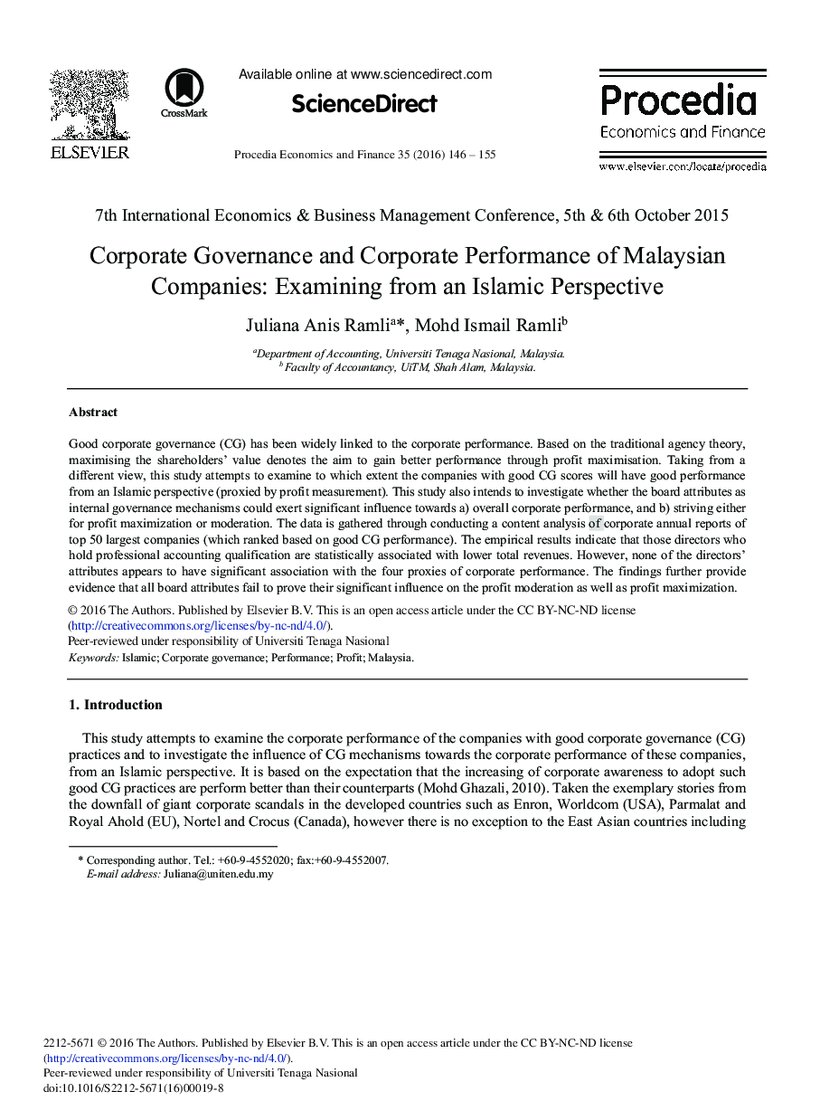 Corporate Governance and Corporate Performance of Malaysian Companies: Examining from an Islamic Perspective 
