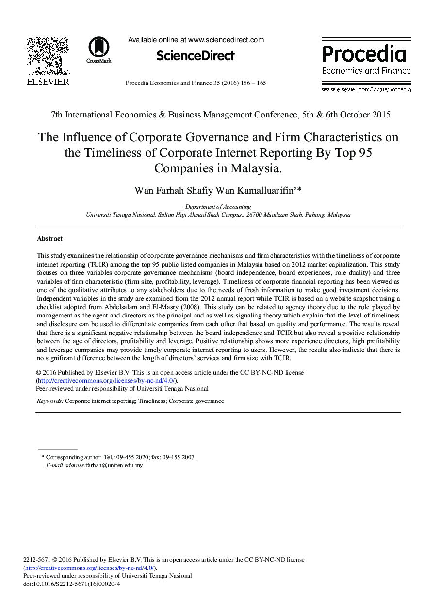 The Influence of Corporate Governance and Firm Characteristics on the Timeliness of Corporate Internet Reporting By Top 95 Companies in Malaysia 