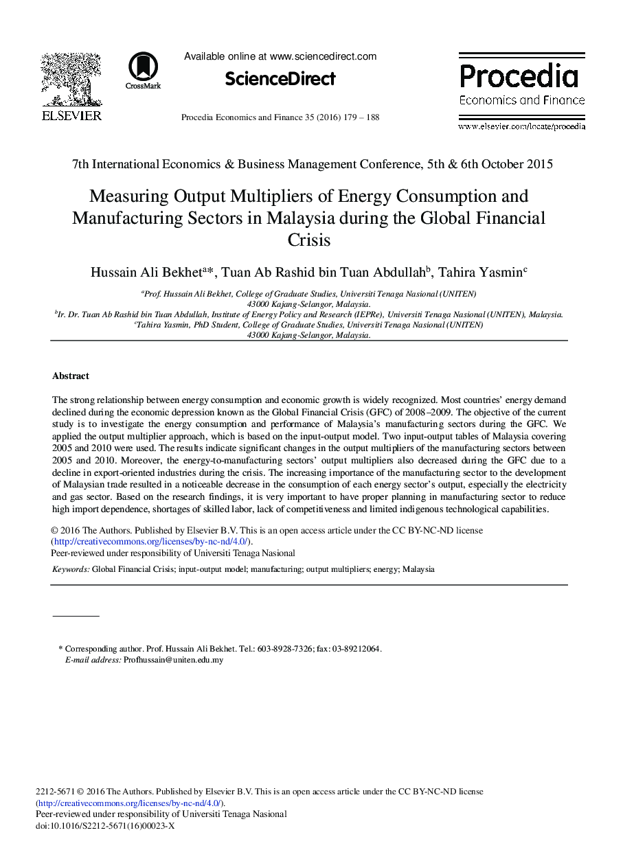 Measuring Output Multipliers of Energy Consumption and Manufacturing Sectors in Malaysia during the Global Financial Crisis 