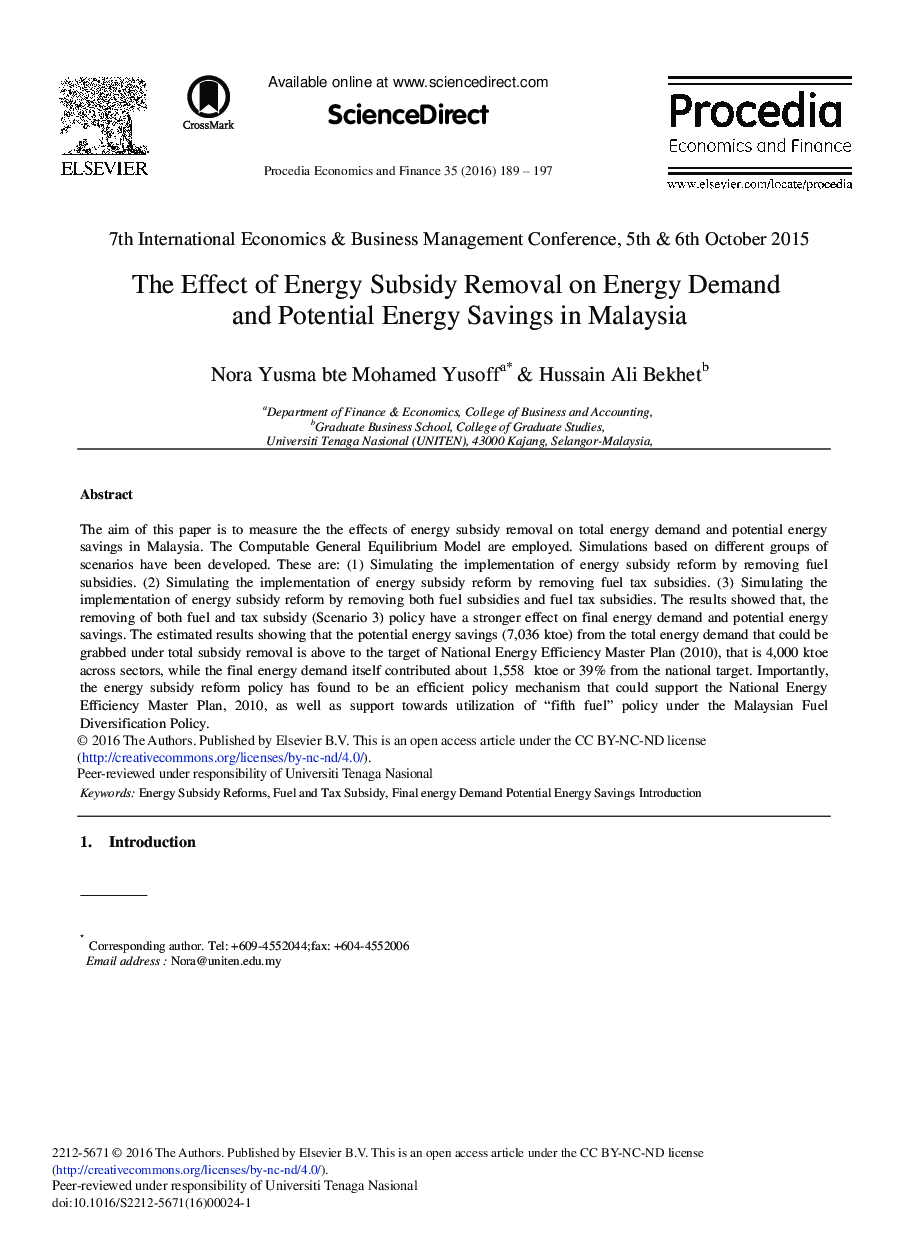 The Effect of Energy Subsidy Removal on Energy Demand and Potential Energy Savings in Malaysia 