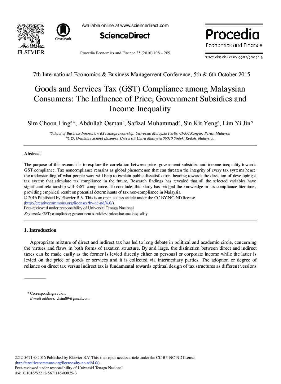 Goods and Services Tax (GST) Compliance among Malaysian Consumers: The Influence of Price, Government Subsidies and Income Inequality 