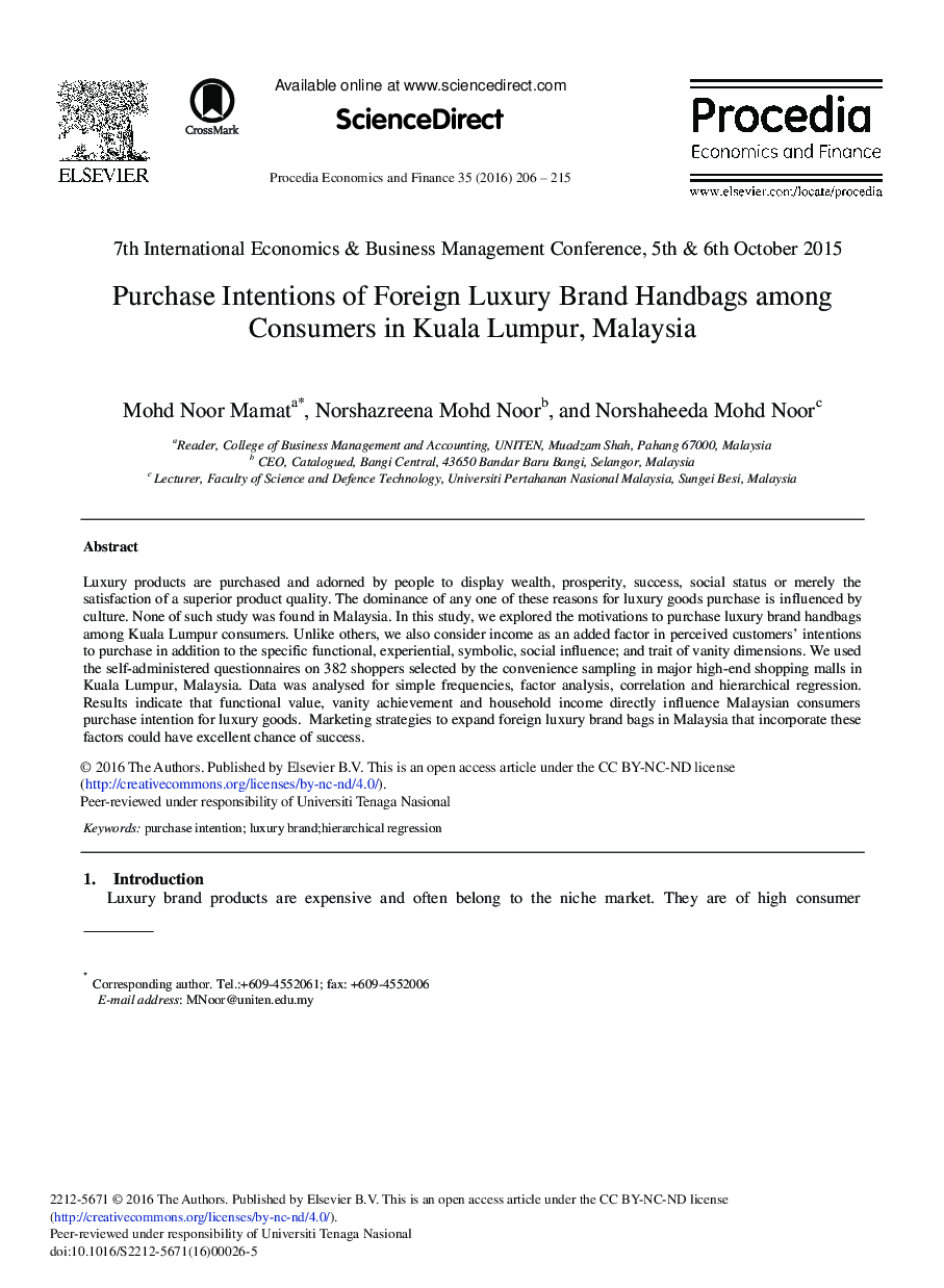 Purchase Intentions of Foreign Luxury Brand Handbags among Consumers in Kuala Lumpur, Malaysia 