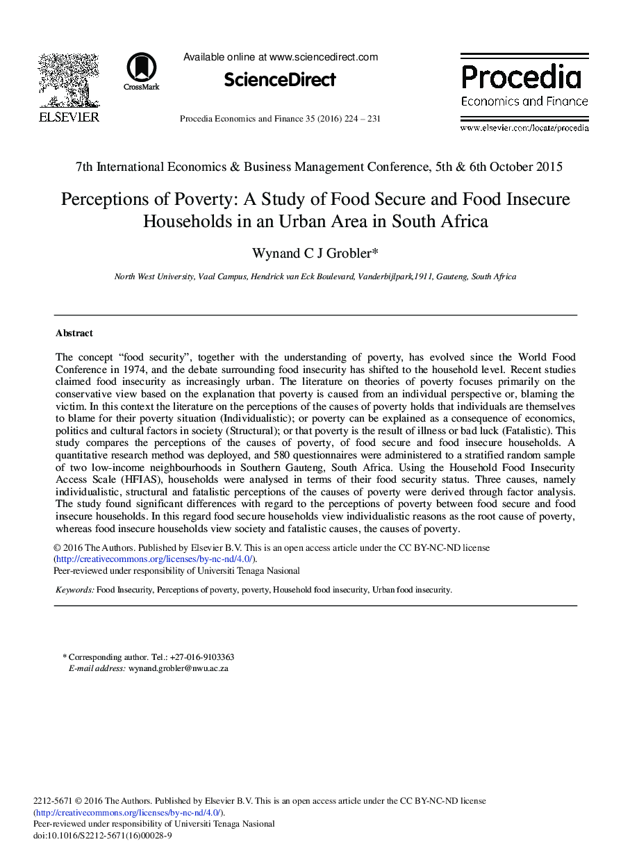 Perceptions of Poverty: A Study of Food Secure and Food Insecure Households in an Urban Area in South Africa 