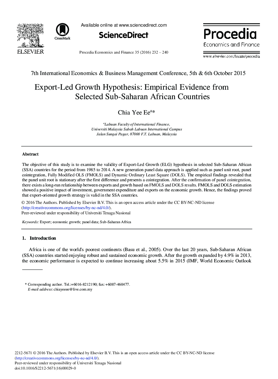 Export-led Growth Hypothesis: Empirical Evidence from Selected Sub-saharan African Countries 