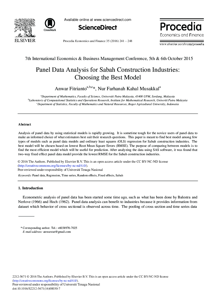 Panel Data Analysis for Sabah Construction Industries: Choosing the Best Model 