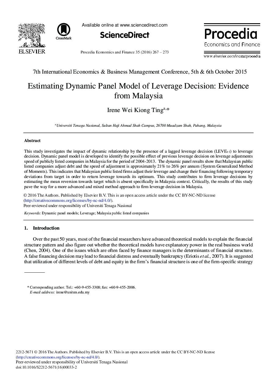 Estimating Dynamic Panel Model of Leverage Decision: Evidence from Malaysia 