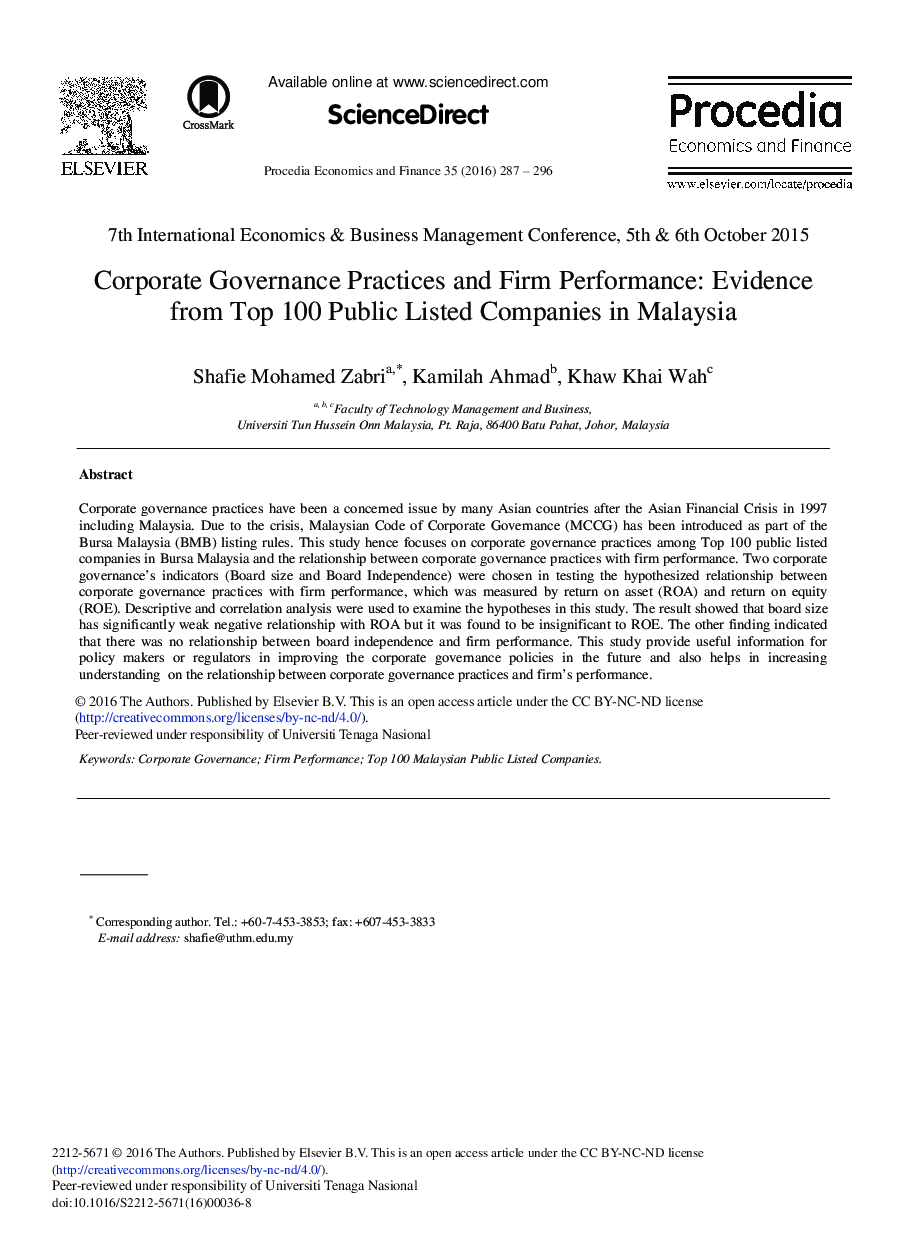 Corporate Governance Practices and Firm Performance: Evidence from Top 100 Public Listed Companies in Malaysia 