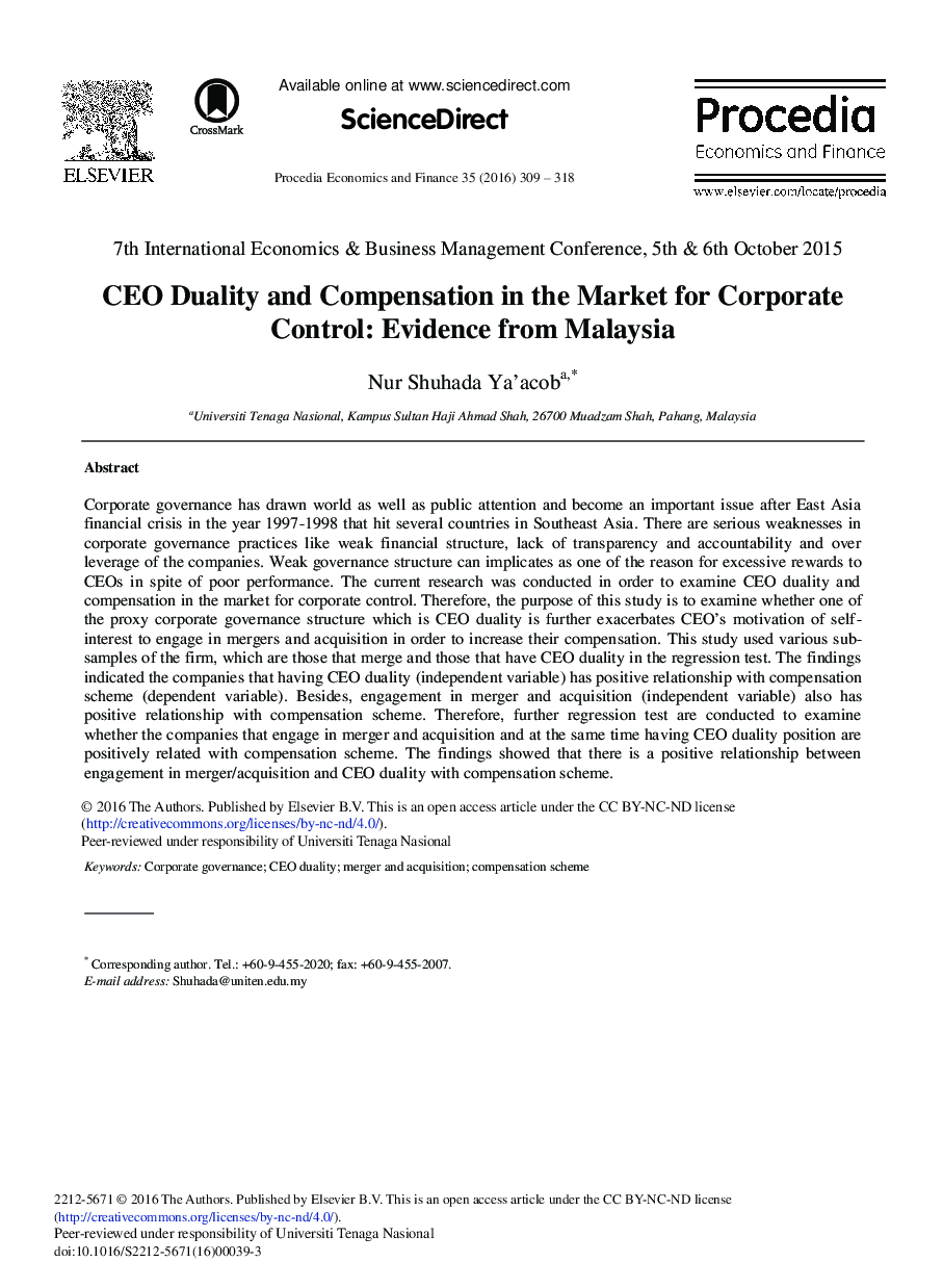 CEO Duality and Compensation in the Market for Corporate Control: Evidence from Malaysia 